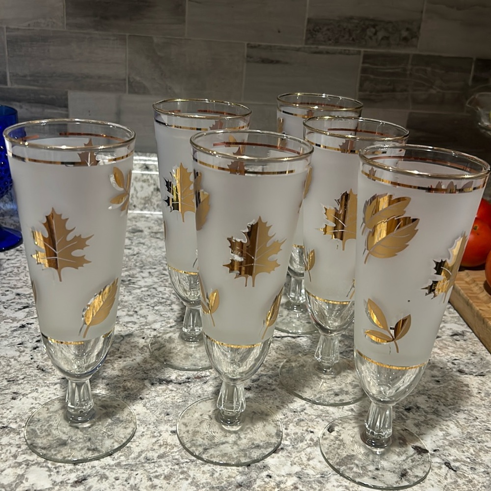 Set of 6 1950 vintage Libbey Pilsner glasses frosted 22kt gold leaf